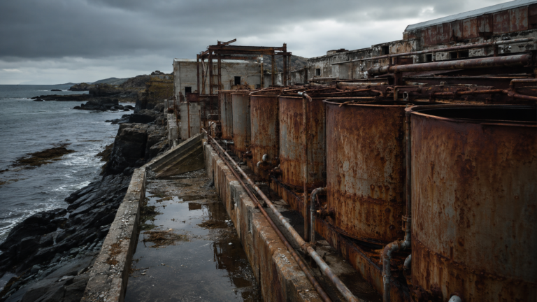Ancienne usine de transformation du poisson abandonnée au bord de la mer, rangées de cuves métalliques rouillées et ciel gris de l'Atlantique.
