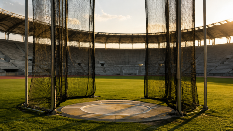 Cercle de lancer du disque et cage de protection sur la pelouse d’un grand stade d’athlétisme sud-coréen, gradins vides en fin d’après-midi