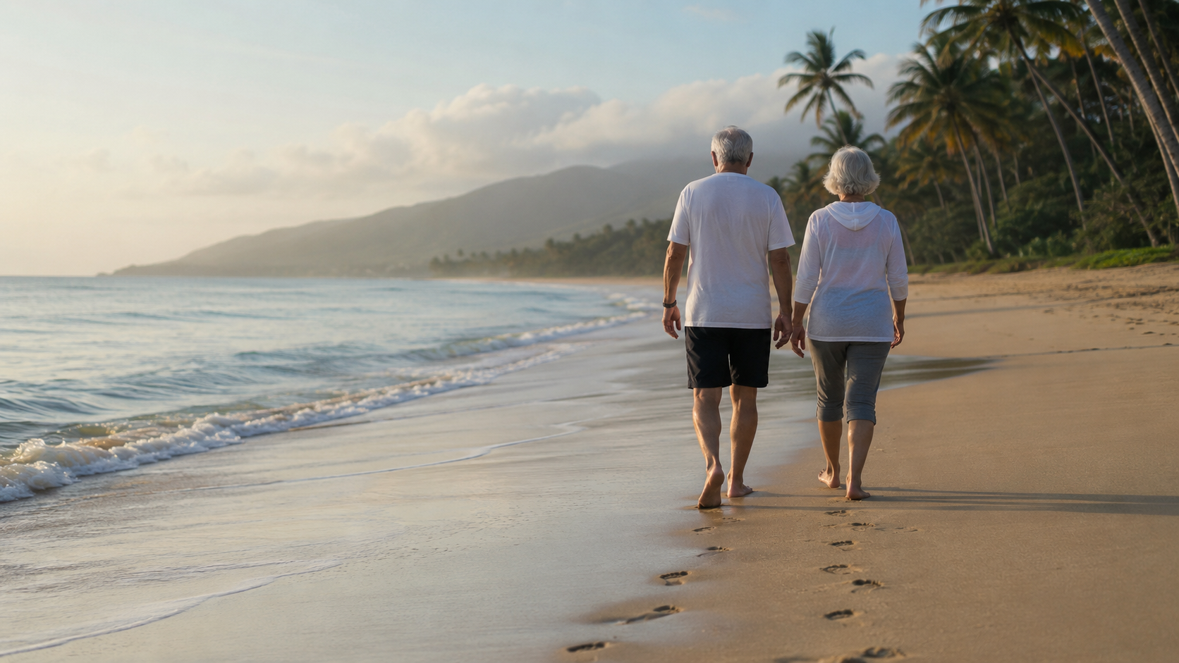 Un homme âgé et une femme âgée marchent de dos au bord de l’eau sur une plage tropicale, tôt le matin