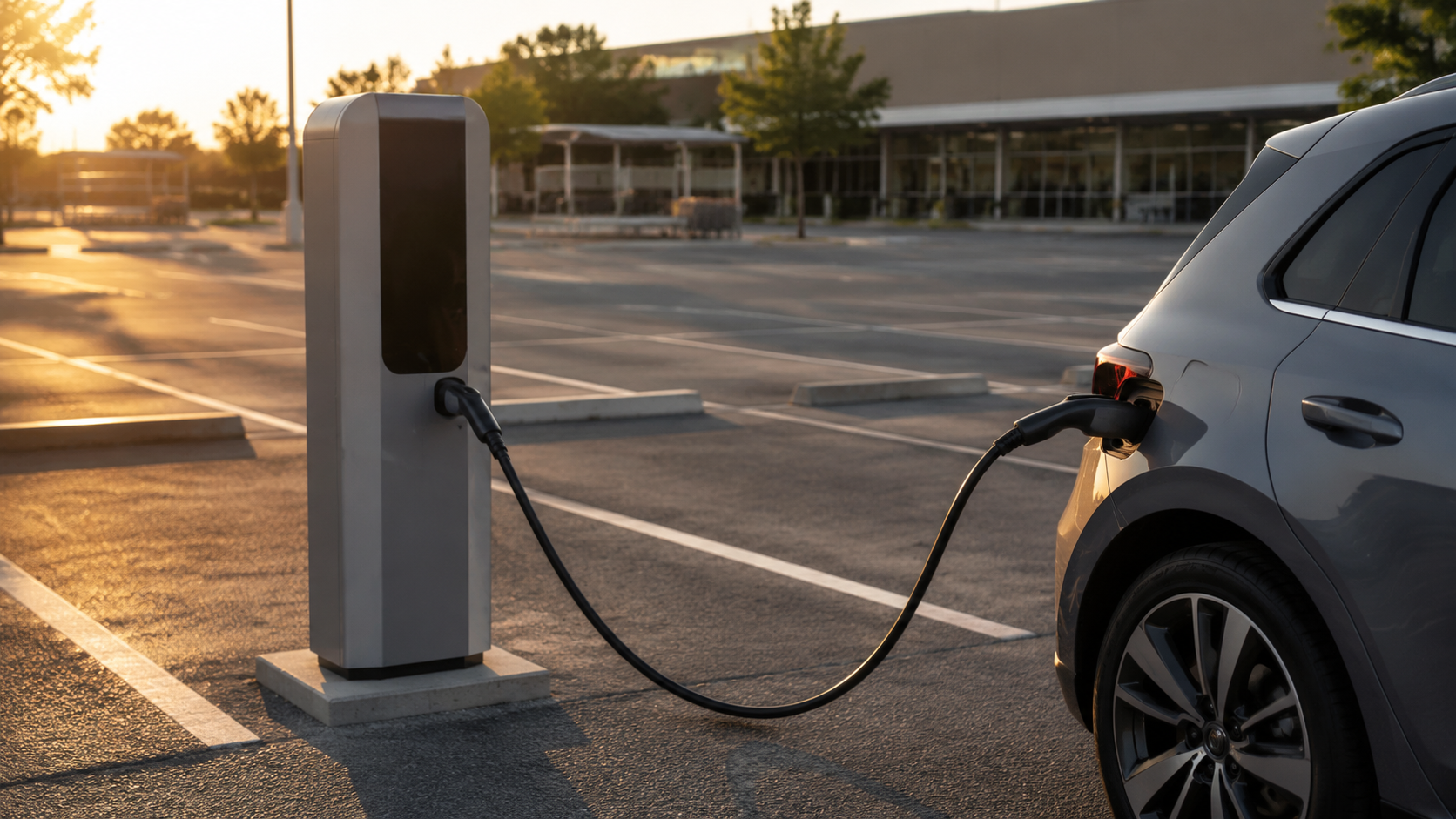 Borne de recharge publique sur un parking de supermarché en fin de journée, câble branché sur une voiture grise garée, places de stationnement vides autour, sans aucun texte lisible.