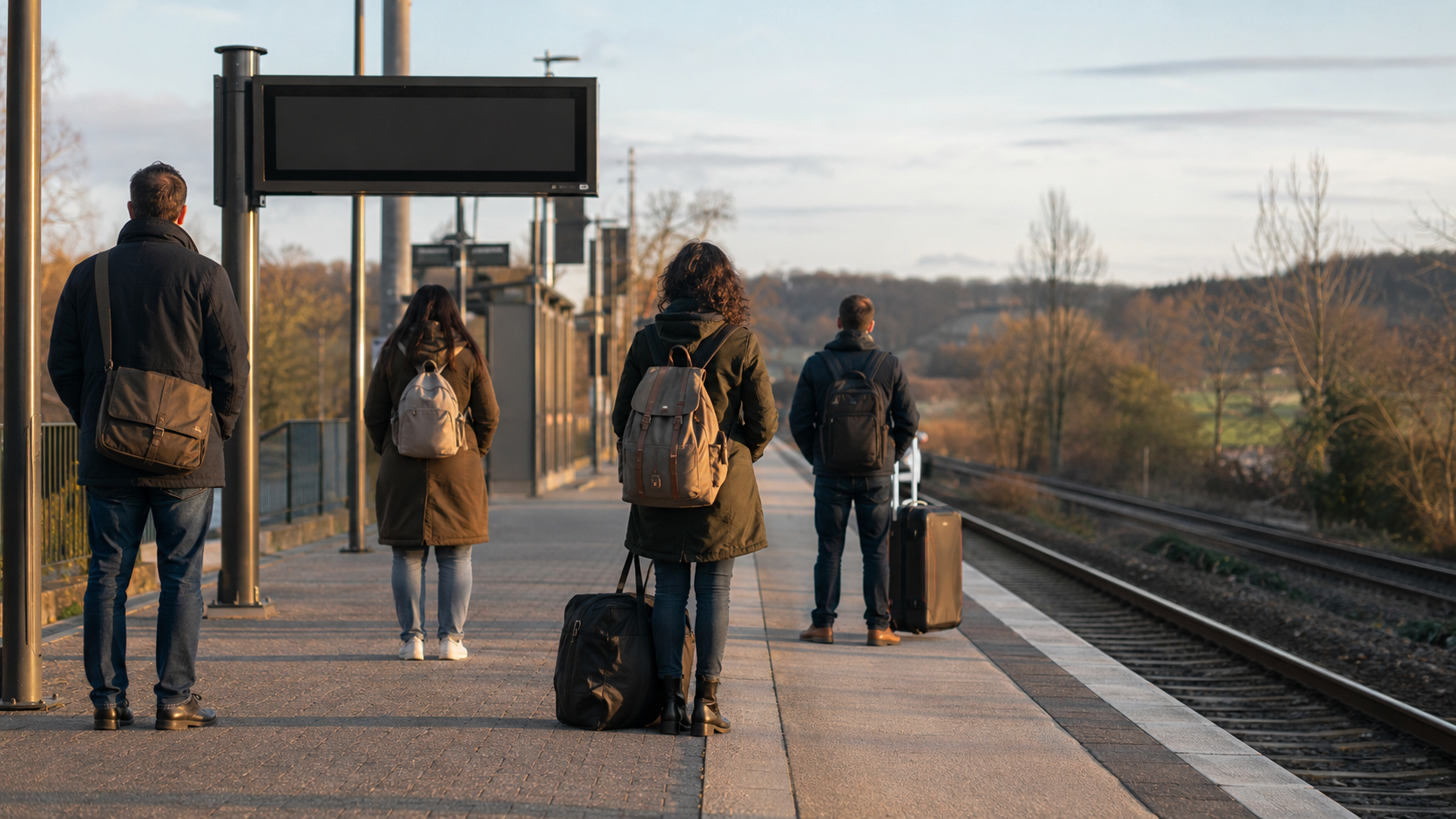Quai de gare régionale en fin d'après-midi, quelques voyageurs de dos attendant avec leurs sacs devant une voie vide et un panneau d'affichage vierge, sans aucun texte lisible.