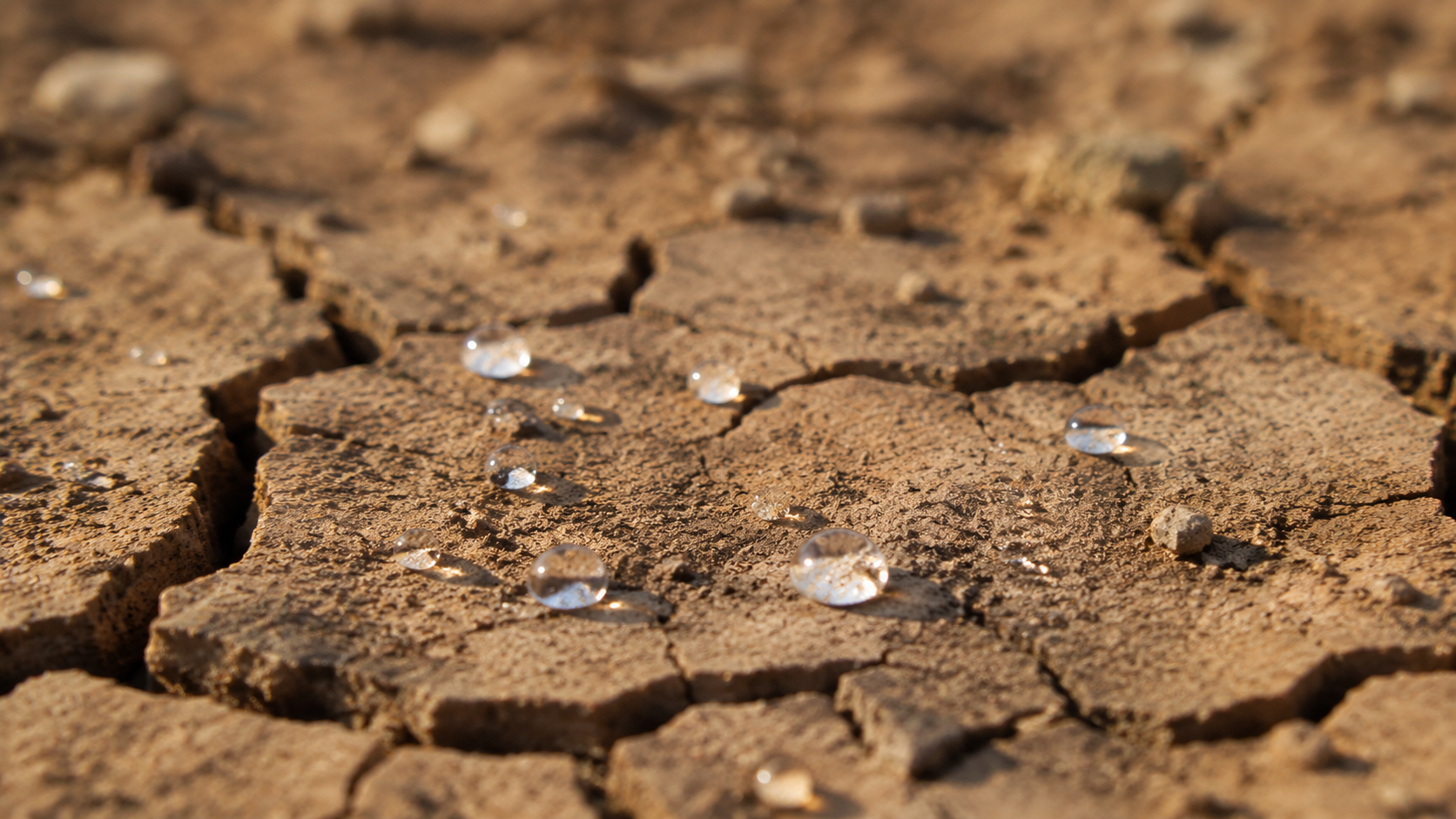 Gros plan sur une terre agricole compacte et fissurée où des gouttes perlent en surface sans pénétrer.