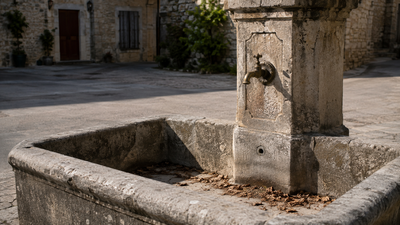 Bassin de fontaine publique en pierre entièrement à sec sur une place de village, bec en laiton fermé, quelques feuilles au fond.
