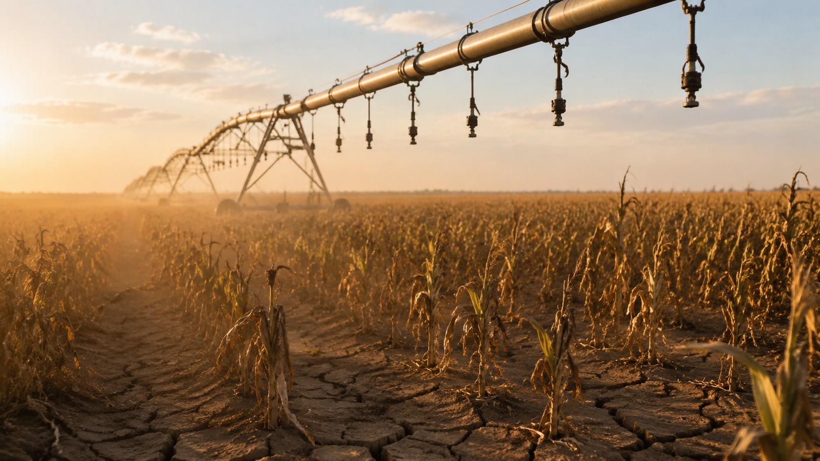 Rampe d’irrigation à l’arrêt au-dessus d’un champ de maïs rabougri et fendillé, poussière en suspension, lumière rasante de fin de journée.