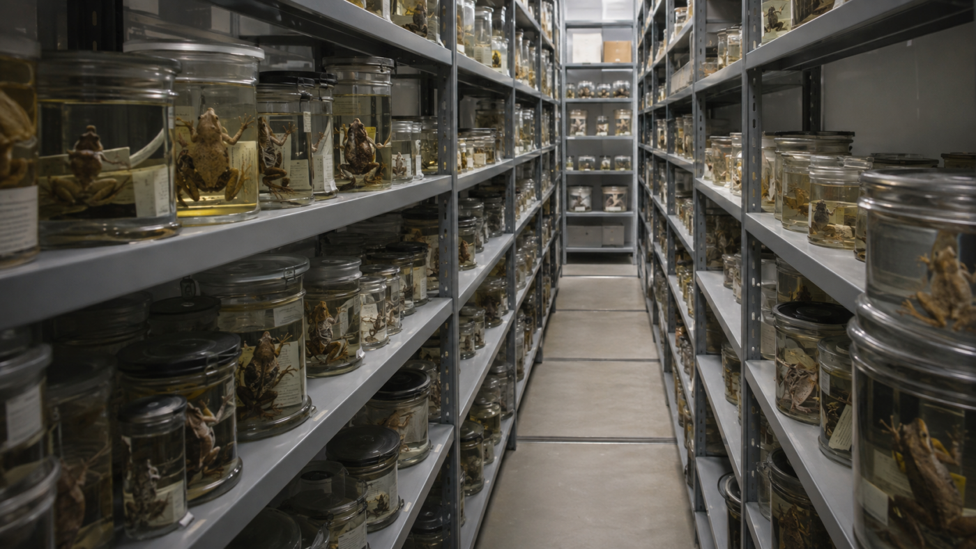 Rangées de bocaux de spécimens conservés dans les réserves d'un muséum d'histoire naturelle européen.