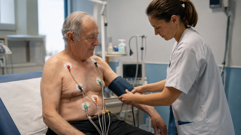 Un homme d’environ soixante-quinze ans assis sur une table d’examen dans un service de cardiologie français, électrodes sur la poitrine, une infirmière prépare un brassard de tension.