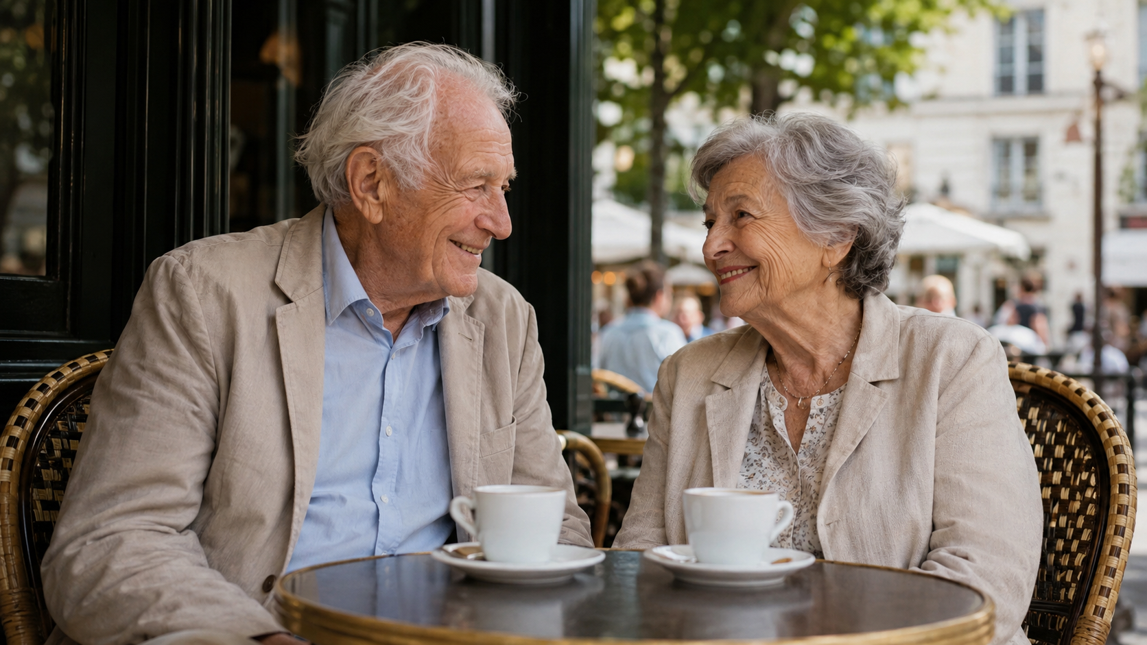 Un homme et une femme âgés attablés à la terrasse d’un café français en été, deux tasses de café posées devant eux.