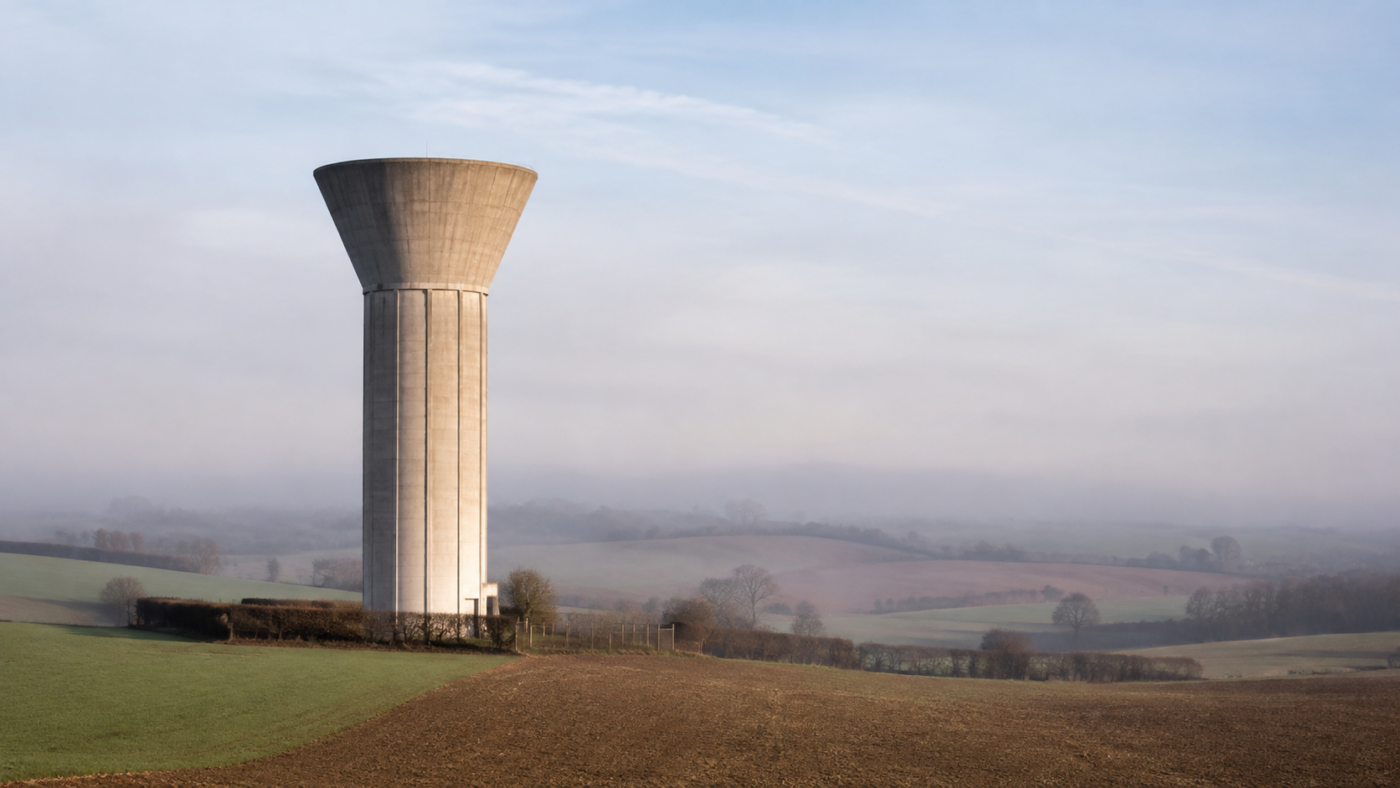 Château d'eau en béton isolé dans une campagne, sans inscription visible, sous une lumière matinale pâle.