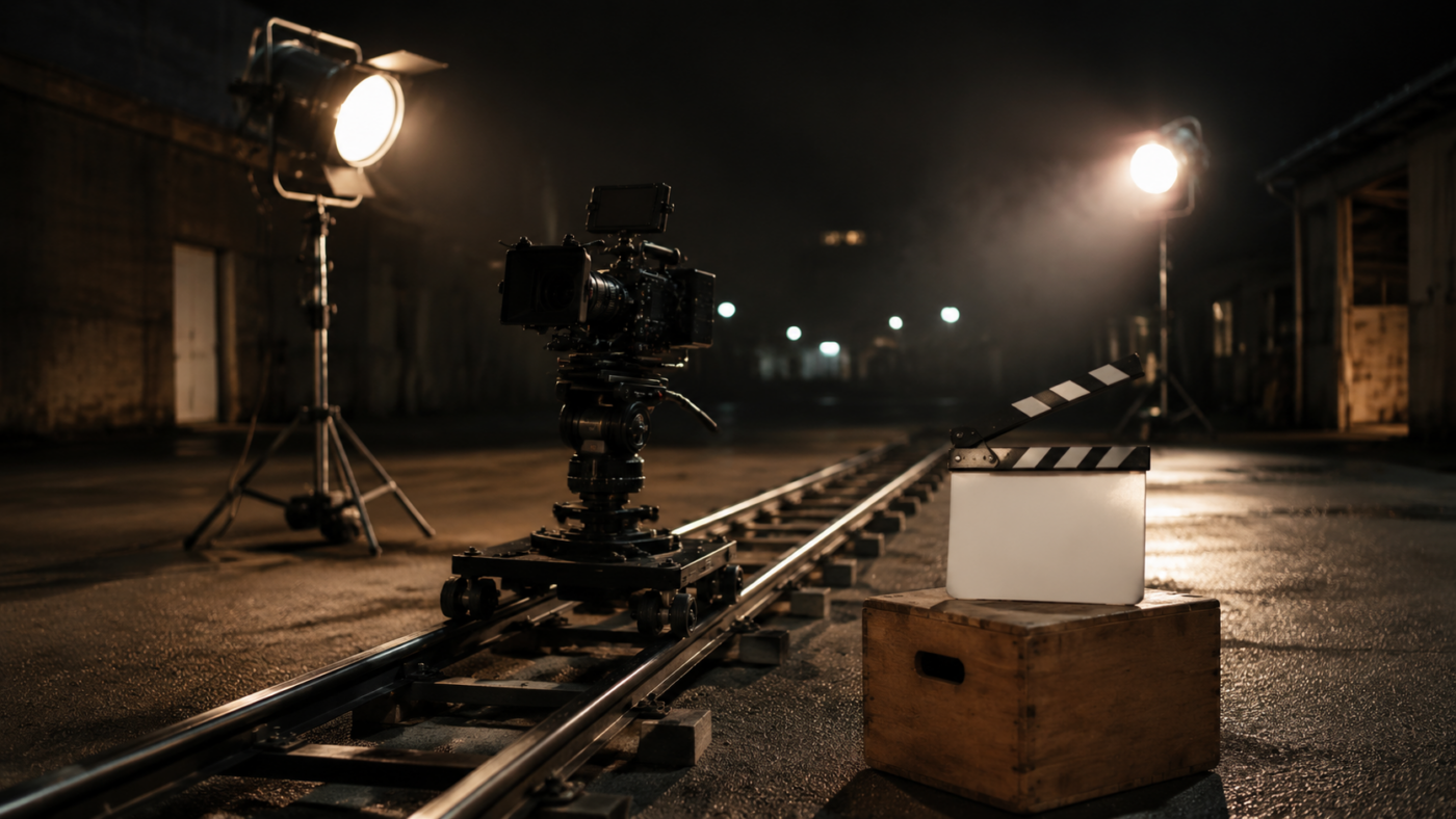 Plateau de tournage désert la nuit : caméra sur rails de travelling, clap posé sur une caisse en bois, deux projecteurs allumés, aucune personne.