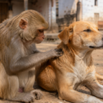 Un macaque assis près d'un chien errant dans un village, lumière du matin, il touche doucement le pelage du chien.