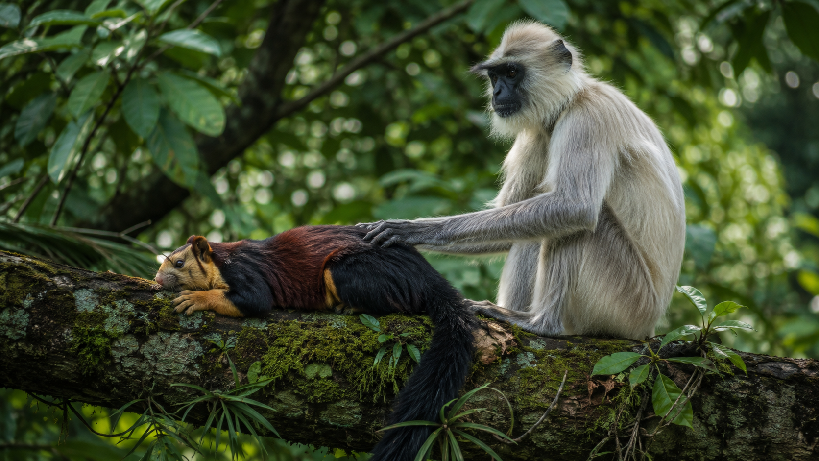 Dans une canopée de forêt tropicale, un petit capucin sauvage tient contre sa poitrine un très jeune ouistiti d'une autre espèce, geste protecteur.