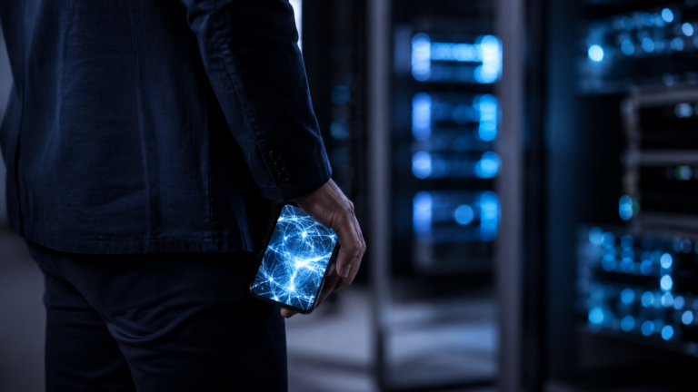 Une main tient un smartphone dont l'écran diffuse des motifs lumineux abstraits, dans un bureau sombre avec des baies informatiques floues en arrière-plan.