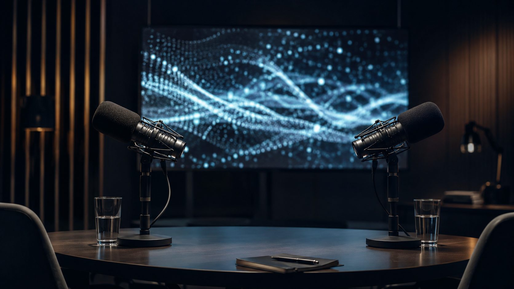 Un studio de podcast plongé dans la pénombre, deux micros sur pied se faisant face devant un écran diffusant des flux de données abstraits.