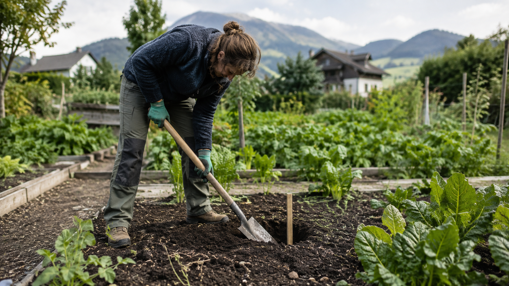 Un volontaire creuse un petit trou à la bêche dans un jardin potager suisse, à côté d’un piquet repère.