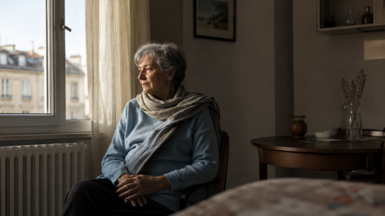 Une femme âgée assise seule près d'une fenêtre dans un appartement, dans la lumière douce du matin, le regard pensif.