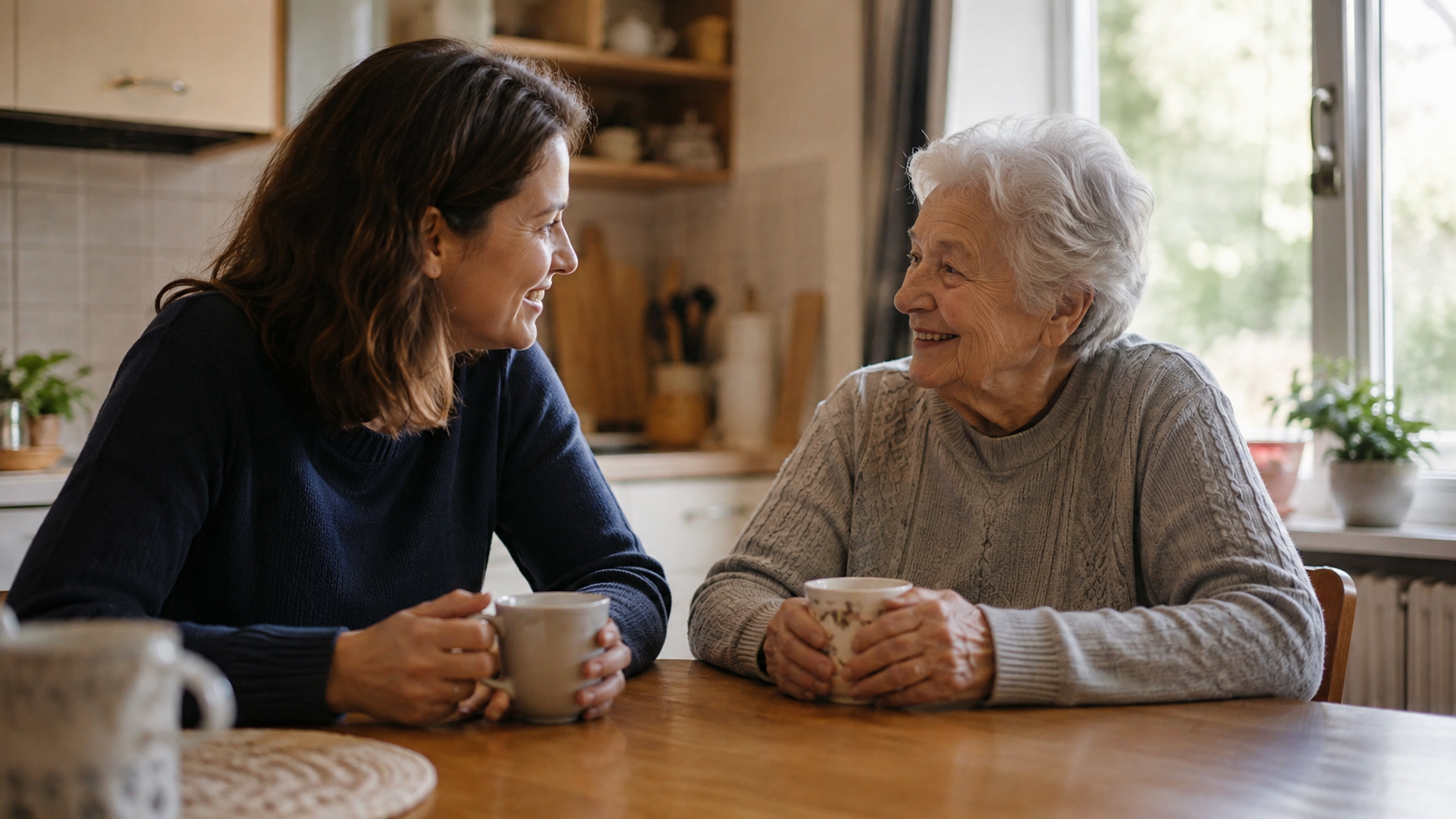 Une bénévole partage un café avec une personne âgée souriante à une table de cuisine, scène chaleureuse.