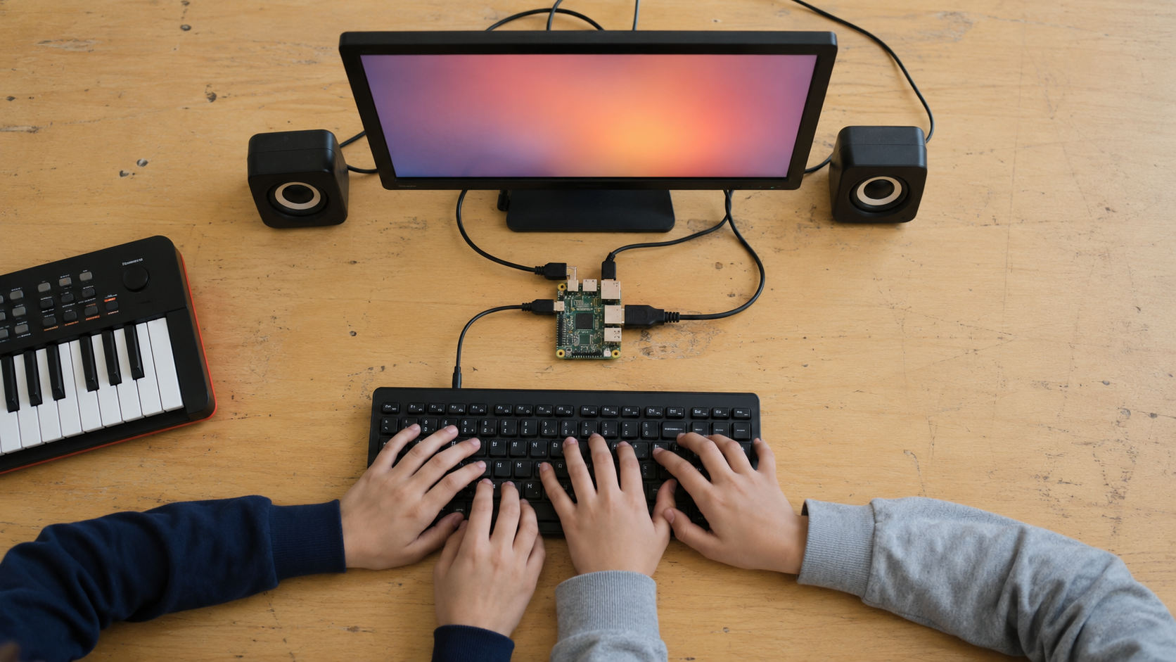 Vue de dessus d’une table de classe : une carte nano-ordinateur reliée à un écran et à deux petites enceintes, deux paires de mains d’enfants sur le clavier, sans visage.