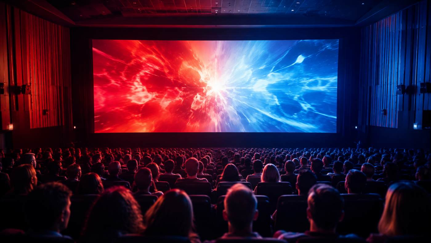 Une salle de cinéma comble vue de dos, spectateurs en silhouette face à un grand écran lumineux baigné de lumière rouge et bleue, un soir d'été.
