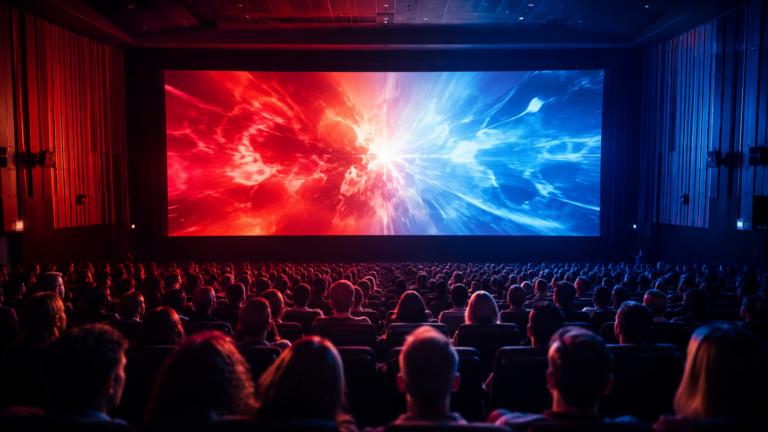Une salle de cinéma comble vue de dos, spectateurs en silhouette face à un grand écran lumineux baigné de lumière rouge et bleue, un soir d'été.