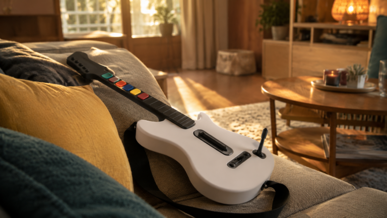Une manette en forme de guitare en plastique posée sur un canapé, dans un salon français en fin d’après-midi.