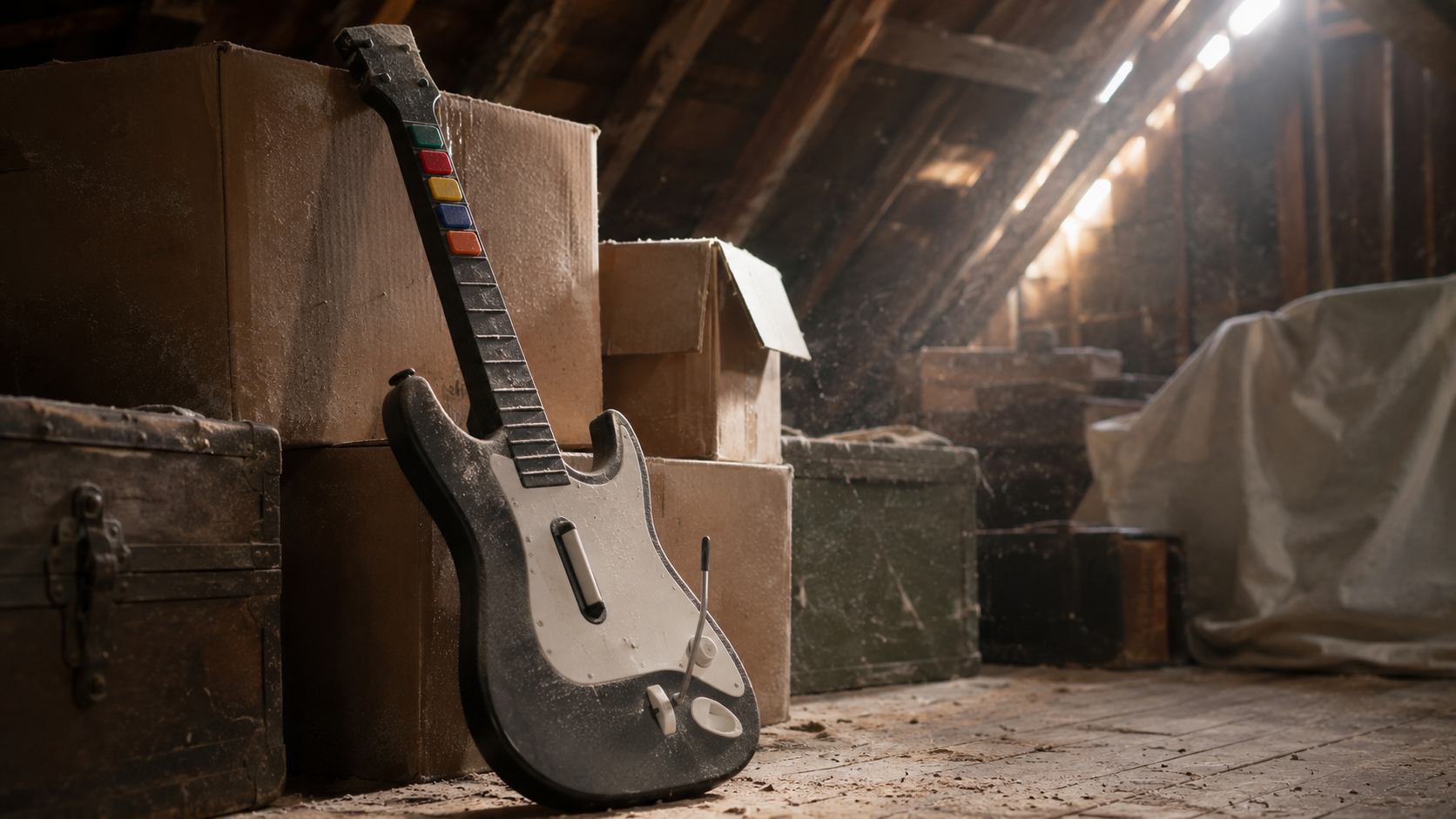 Une guitare en plastique de jeu vidéo appuyée contre des cartons poussiéreux dans un grenier.