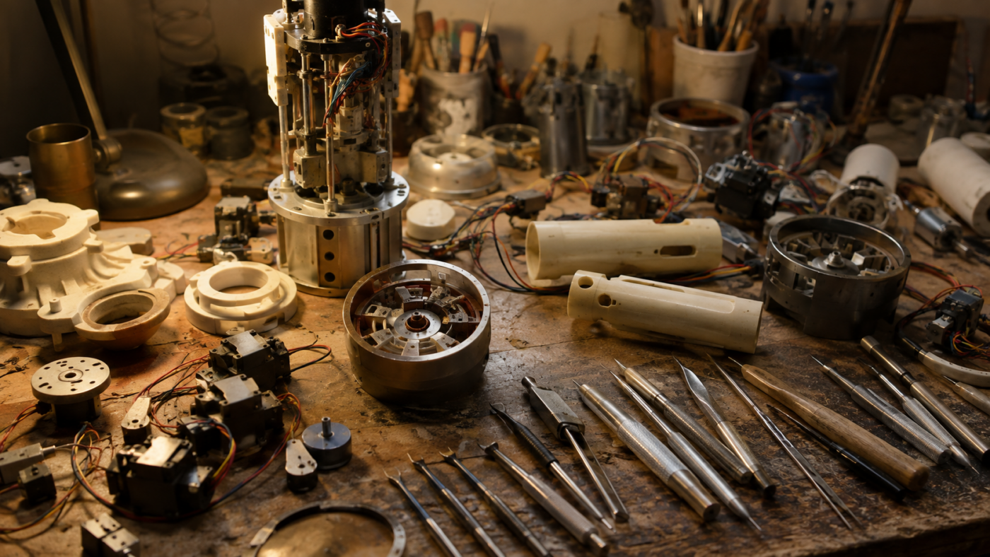 Établi d'un atelier d'effets spéciaux couvert de servomoteurs, de câbles et d'outils de sculpteur, sous une lumière chaude