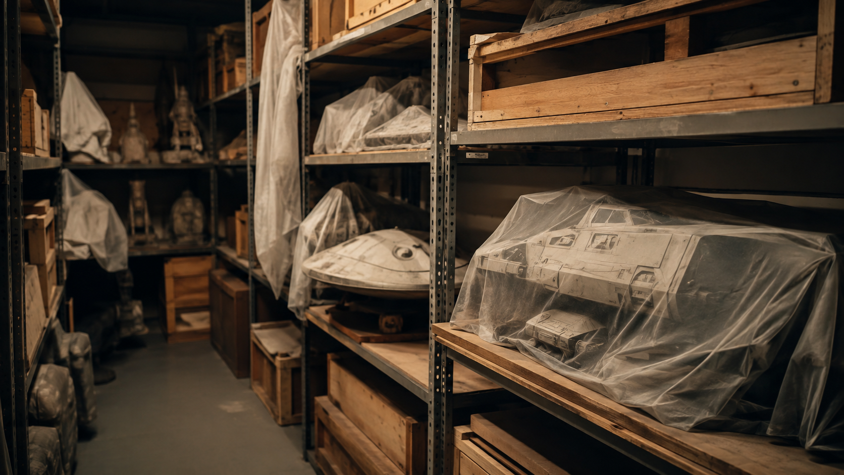 Étagère d'archives d'un studio de cinéma avec des maquettes neutres sous des housses et des caisses en bois