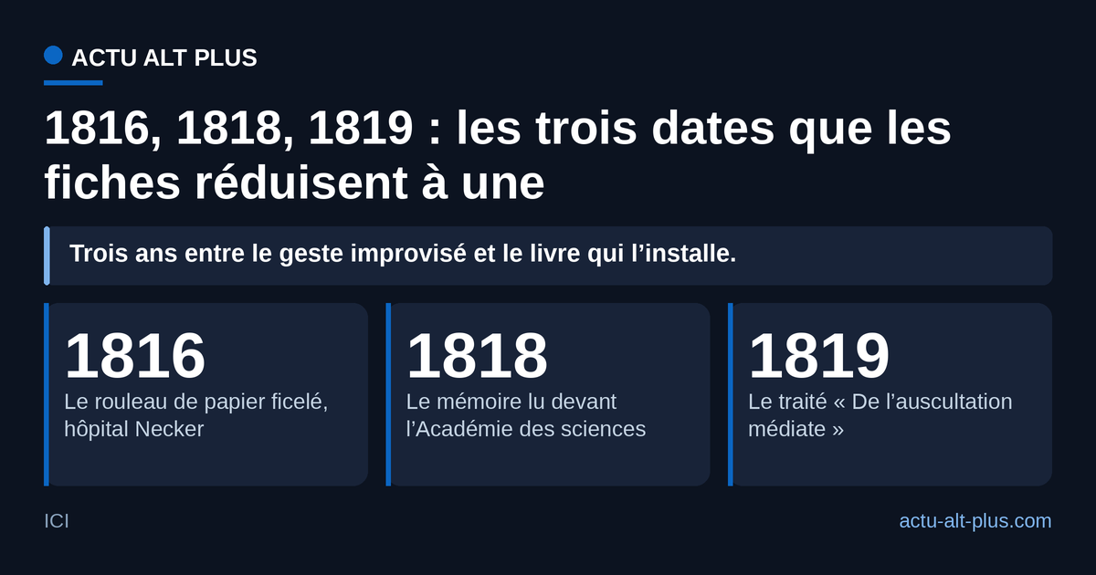 Trois ans séparent l’improvisation de la doctrine : la feuille de papier roulée à Necker en 1816, le mémoire académique de 1818, le traité de 1819. Limite : les sources divergent sur la date du mémoire, lu le 23 février 1818 selon la Bibliothèque de l’Académie nationale de médecine, présenté le 29 juin 1818 selon le blog Gallica de la BnF.