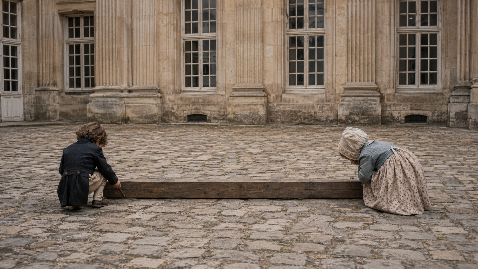 Deux enfants de dos, accroupis aux deux extrémités d’une longue poutre en bois posée sur les pavés d’une cour, l’un grattant le bois, l’autre l’oreille collée au bout opposé