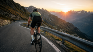Cycliste de dos en danseuse dans un virage en épingle d'un col de montagne au lever du jour, compteur GPS fixé au guidon.