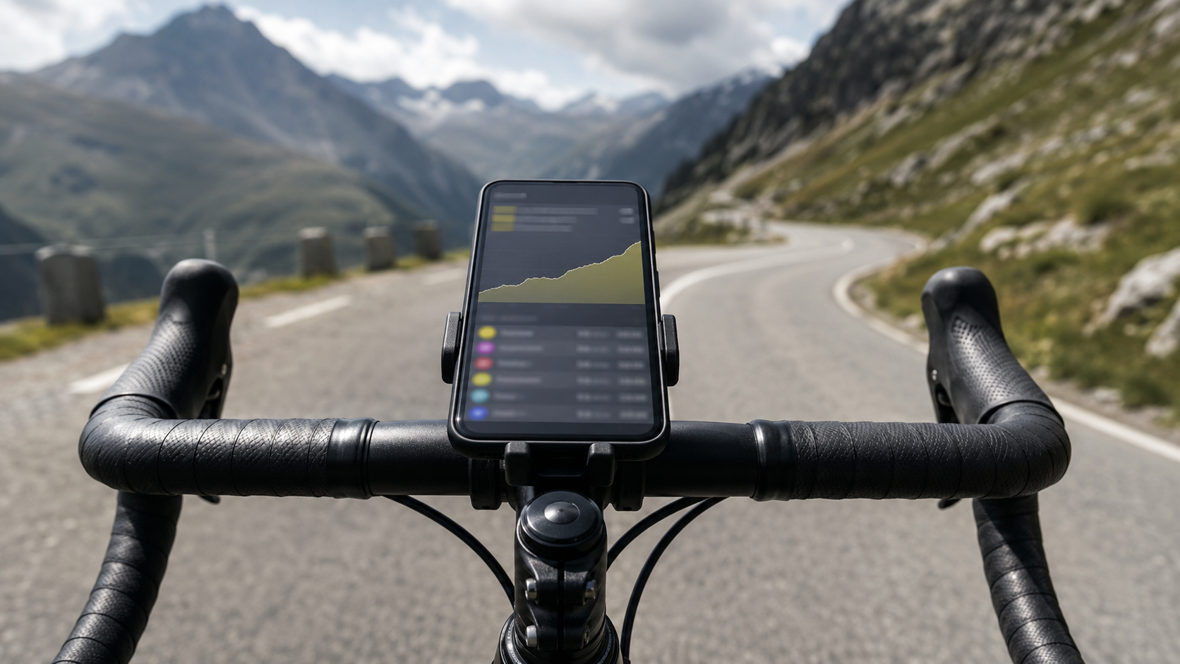 Écran de smartphone fixé sur un guidon de vélo affichant un classement de segment de montée avec des temps et un profil de dénivelé.