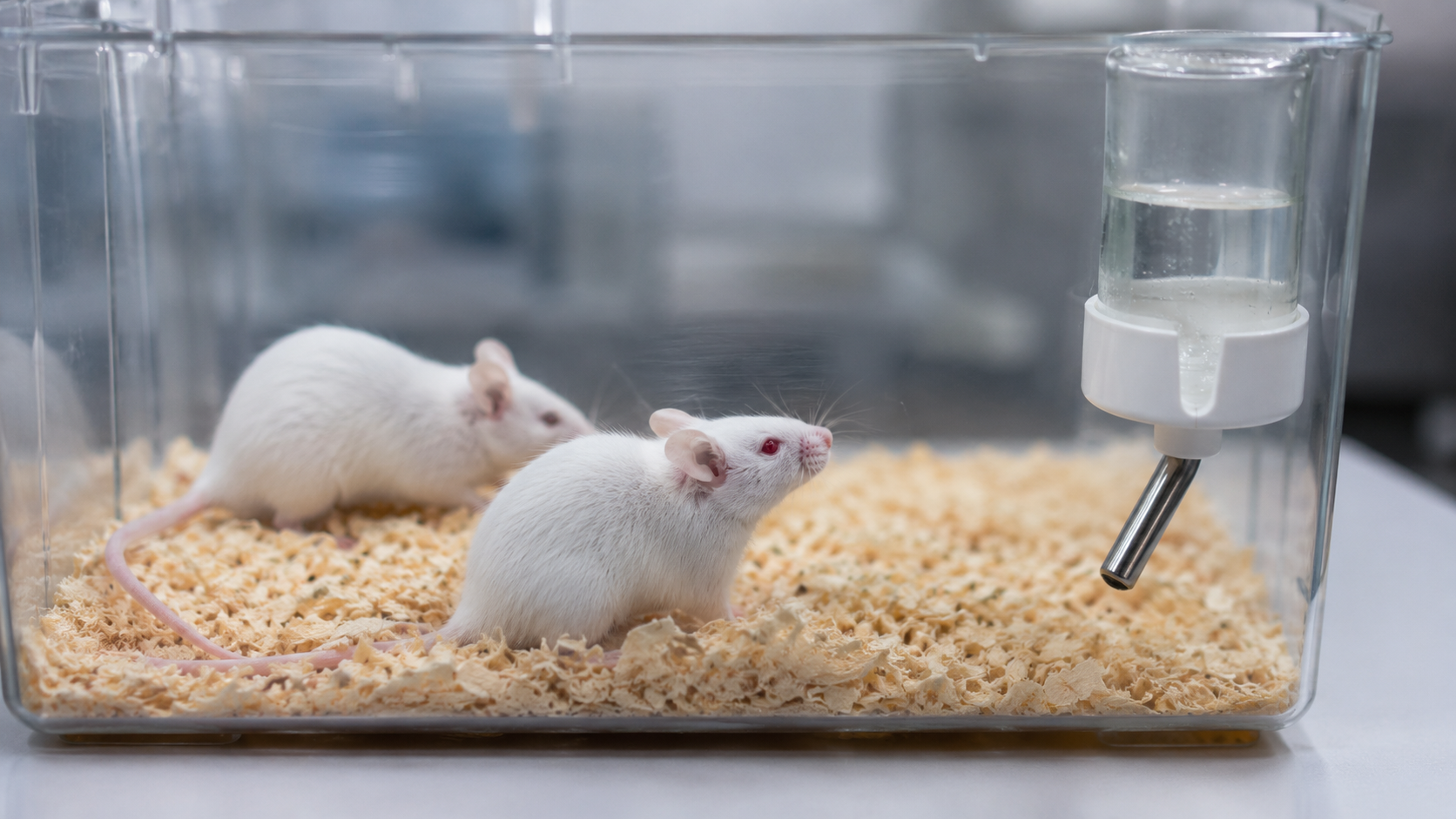 Deux souris blanches de laboratoire dans une cage transparente propre garnie de copeaux, avec un biberon d'eau.