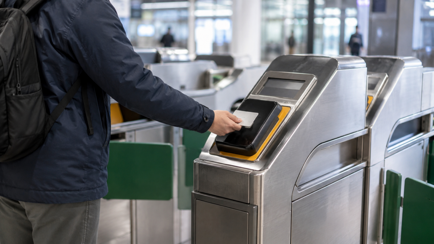Une main pose une carte sans contact sur le lecteur incliné d’un portique de gare japonaise.