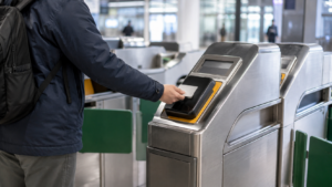 Une main pose une carte sans contact sur le lecteur incliné d’un portique de gare japonaise.