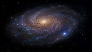 Une galaxie spirale lointaine sur fond noir, avec un point de lumière bleutée très vif dans l'un de ses bras extérieurs.