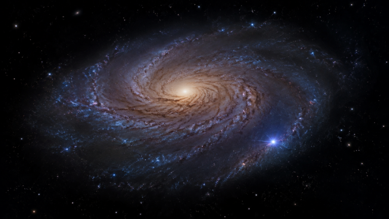 Une galaxie spirale lointaine sur fond noir, avec un point de lumière bleutée très vif dans l'un de ses bras extérieurs.