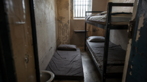 Matelas posé à même le sol d’une cellule de prison étroite, à côté de lits superposés