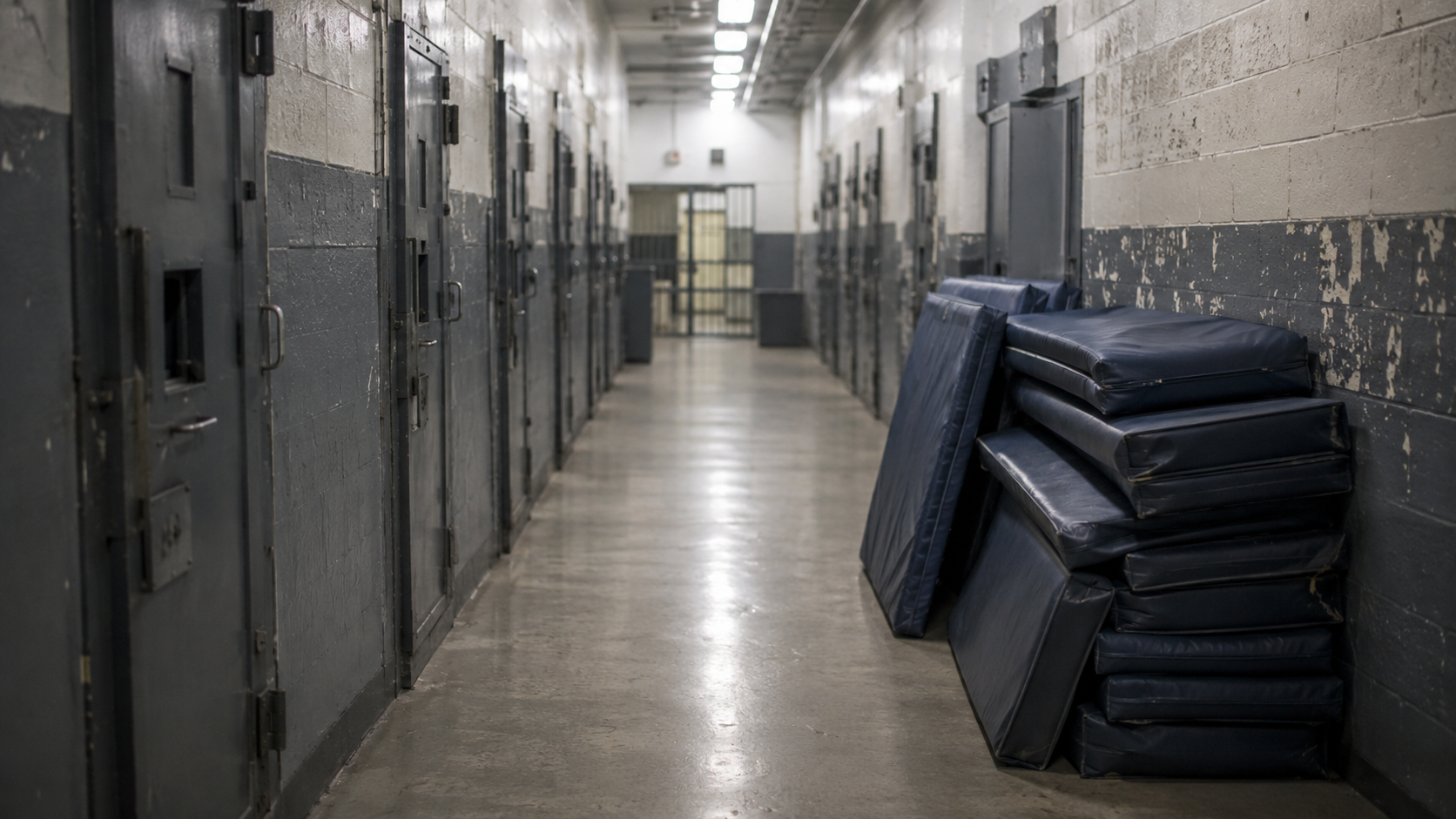 Couloir de détention aux portes fermées, matelas pliés empilés contre un mur