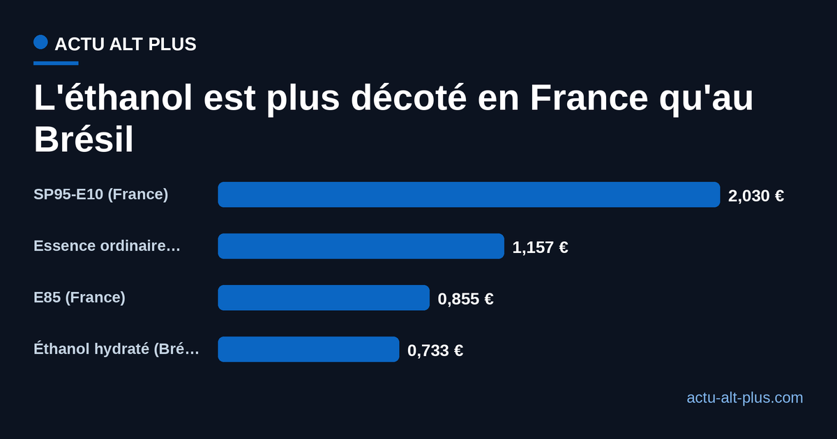 Prix du litre en euros pour quatre carburants : SP95-E10 en France 2,030 euros, essence ordinaire au Brésil 1,157 euro, E85 en France 0,855 euro, éthanol hydraté au Brésil 0,733 euro.