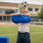 Un homme d’une cinquantaine d’années garde un ballon en équilibre sur son front pendant qu’il enfile un T-shirt, une pile de maillots pliés posée à ses pieds sur un terrain de sport scolaire.