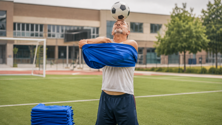 Un homme d’une cinquantaine d’années garde un ballon en équilibre sur son front pendant qu’il enfile un T-shirt, une pile de maillots pliés posée à ses pieds sur un terrain de sport scolaire.