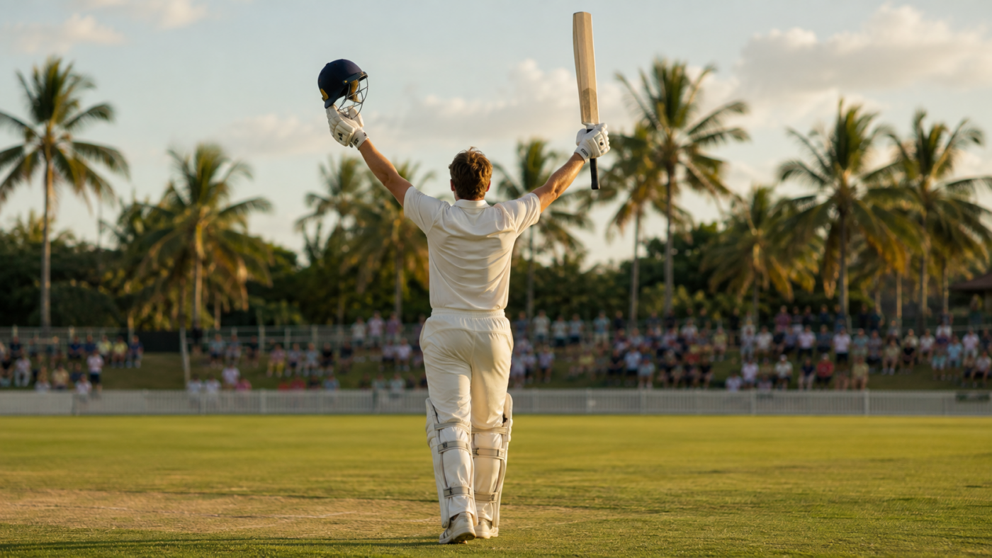 Un batteur de cricket en tenue blanche lève sa batte et son casque vers les tribunes, vu de dos, sur un terrain tropical bordé de palmiers.