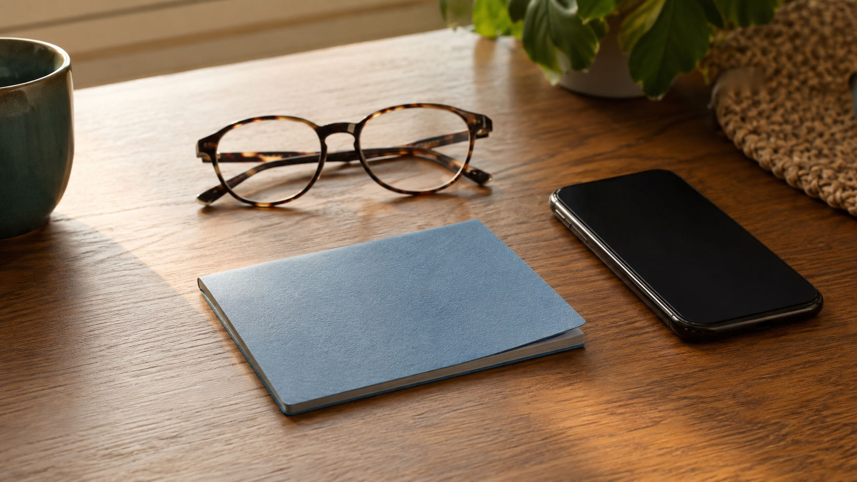 Carnet d’épargne papier fermé sur un bureau en bois, à côté d’un téléphone éteint et d’une paire de lunettes.