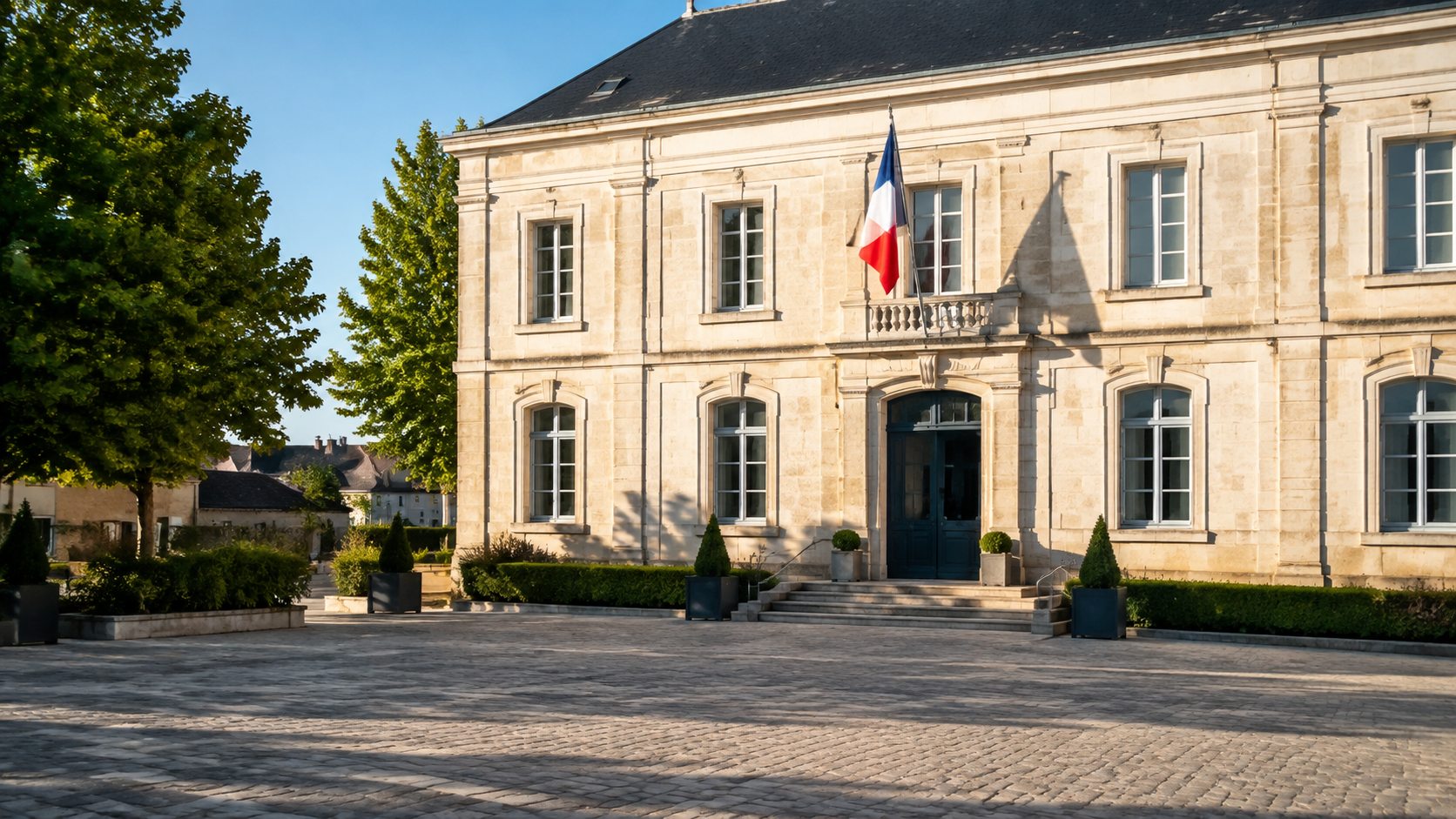 Façade d’une mairie française avec drapeau tricolore au-dessus de l’entrée, place vide au premier plan en plein jour.