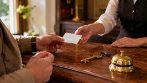 Mains d'un voyageur tendant une carte bancaire au comptoir d'une réception d'hôtel, clé et sonnette posées sur le bois.