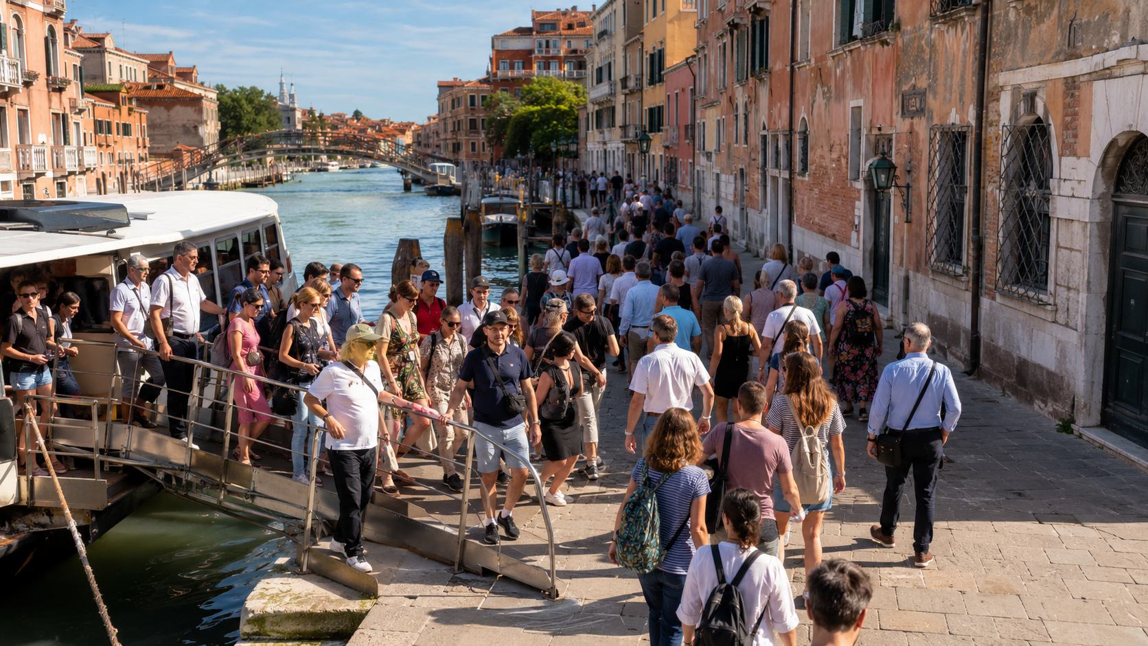 File de visiteurs à la journée descendant d'un bateau sur un quai de pierre le long d'un canal vénitien.