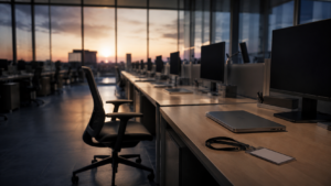 Bureau en open space désert au crépuscule : rangées d'écrans éteints, une chaise reculée, un ordinateur portable fermé et un cordon de badge abandonnés sur un plan de travail.