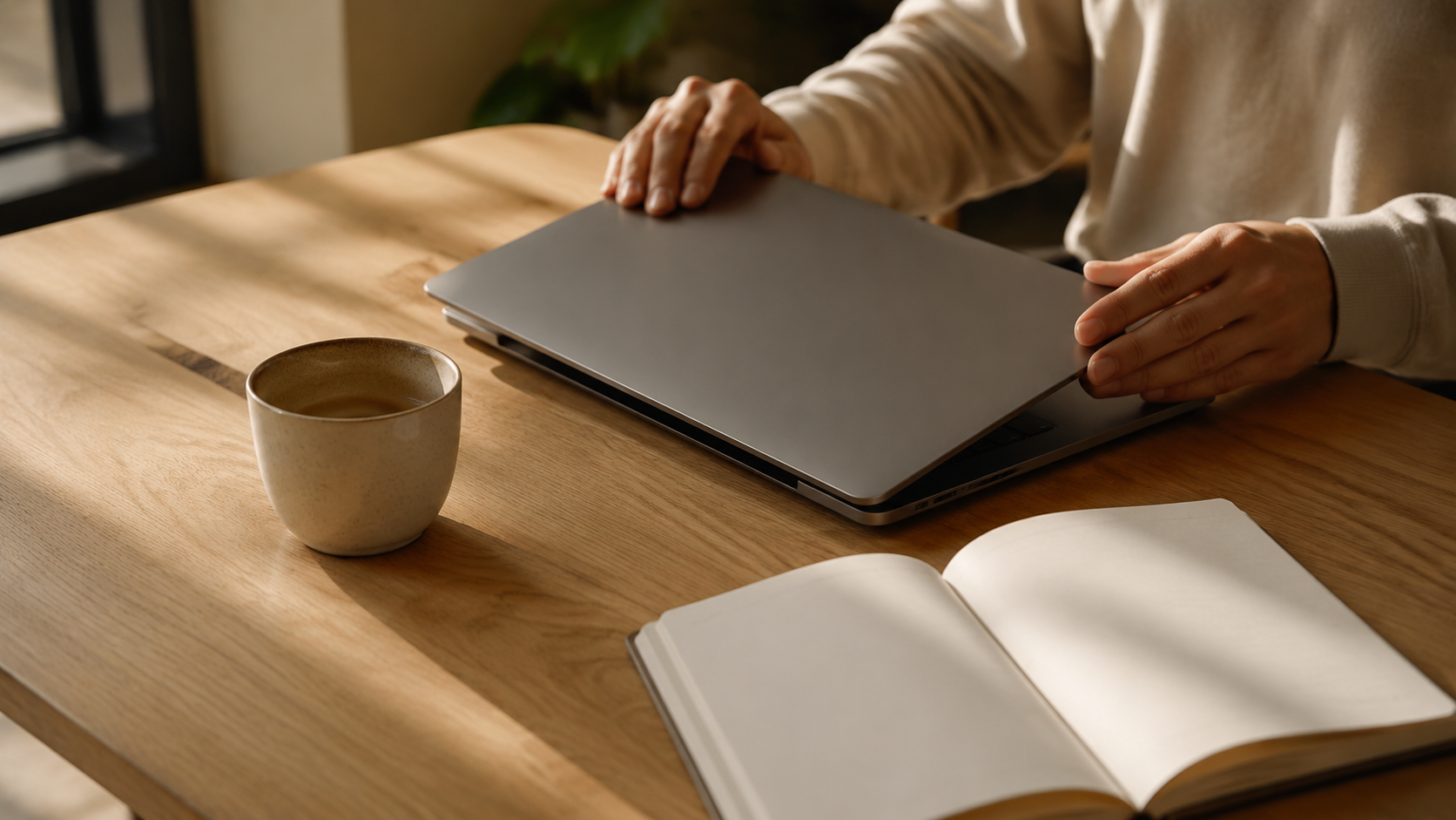 Deux mains referment un ordinateur portable sur une table en bois, à côté d'une tasse de café à moitié pleine et d'un carnet ouvert.
