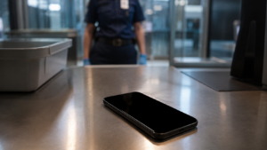 Téléphone à l’écran entièrement noir posé sur le comptoir d’un poste de contrôle d’aéroport, silhouette floue d’un agent en uniforme derrière.