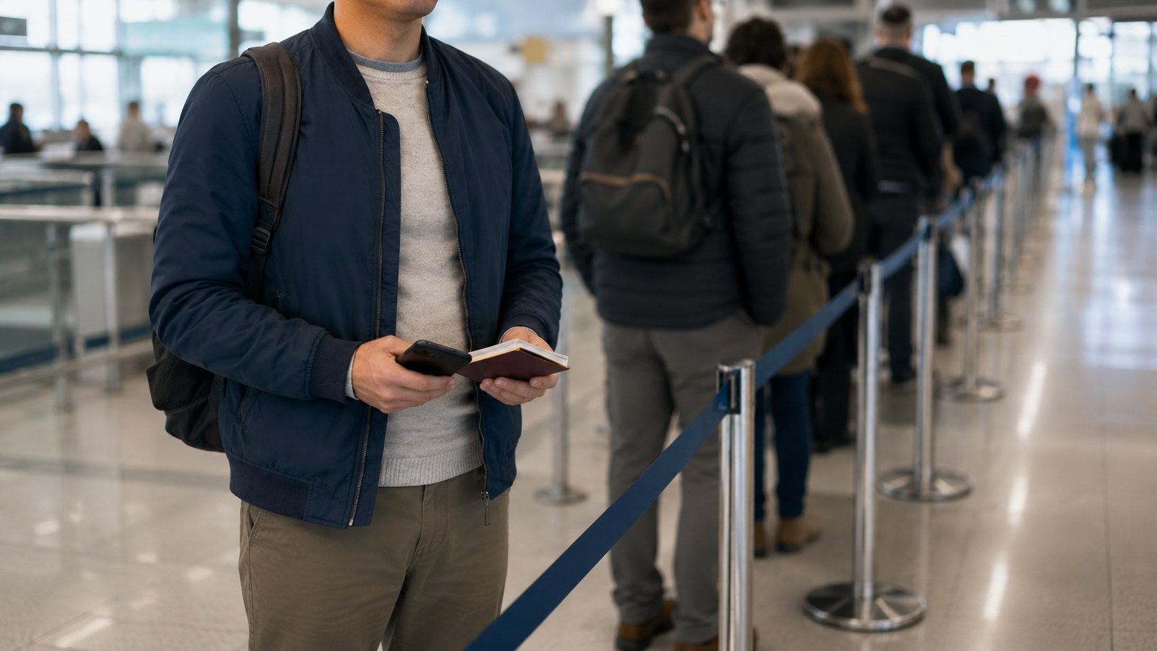 Mains d’un adulte tenant un passeport et un téléphone éteint dans une file d’attente d’aéroport, cadrage sans visage.